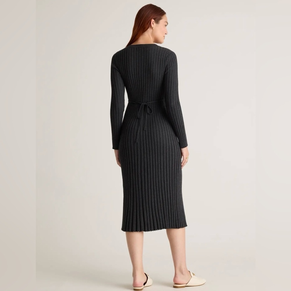 Quince Cotton Cashmere Ribbed Long Sleeve Crew Midi Dress charcoal Heather XL - Picture 6 of 10